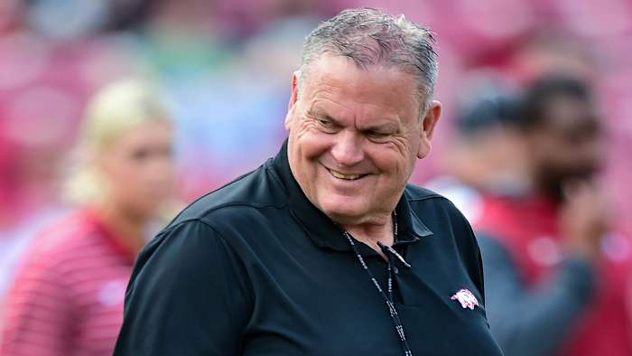 Razorbacks coach Sam Pittman during last spring practice Saturday inside Razorback Stadium.